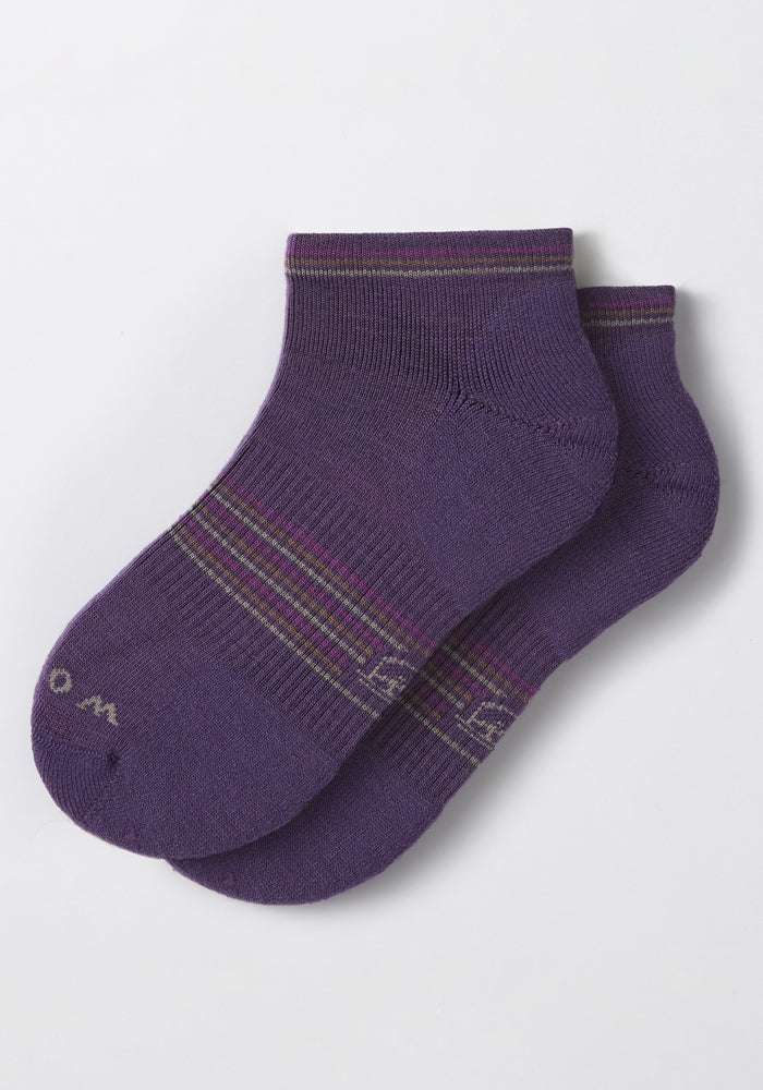 A pair of Woolx Womens Amelia No Show Socks in Plum Crush with thin green and pink stripes, made from moisture-wicking fabric, laid flat on a white background.