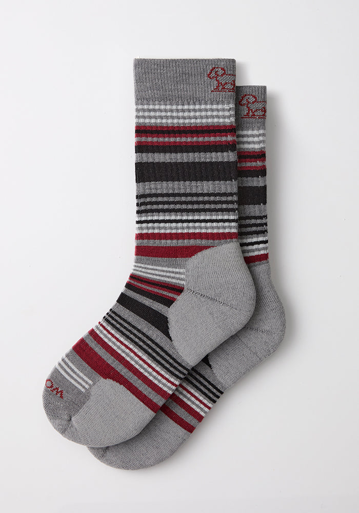 Woolx Womens Everyday Crew Socks - Light Grey Stripe offer odor-resistant comfort with red, black & white stripes.