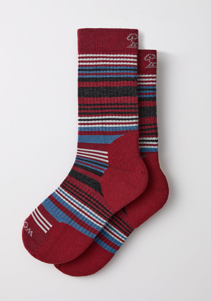 Woolx Womens Everyday Crew Socks - Rhubarb Stripe, shown flat with black, blue & white stripes on white background.