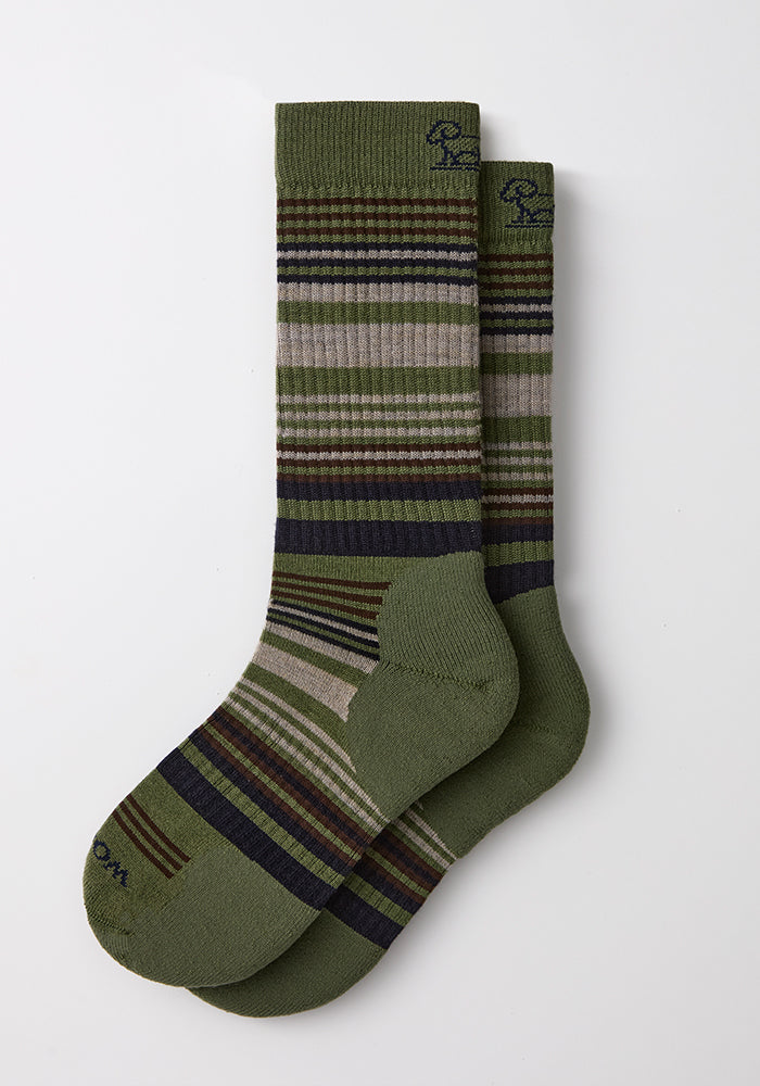 Woolx Mens Everyday Crew Socks in Winter Moss Stripe, moisture-wicking Merino wool, laid flat on white background.
