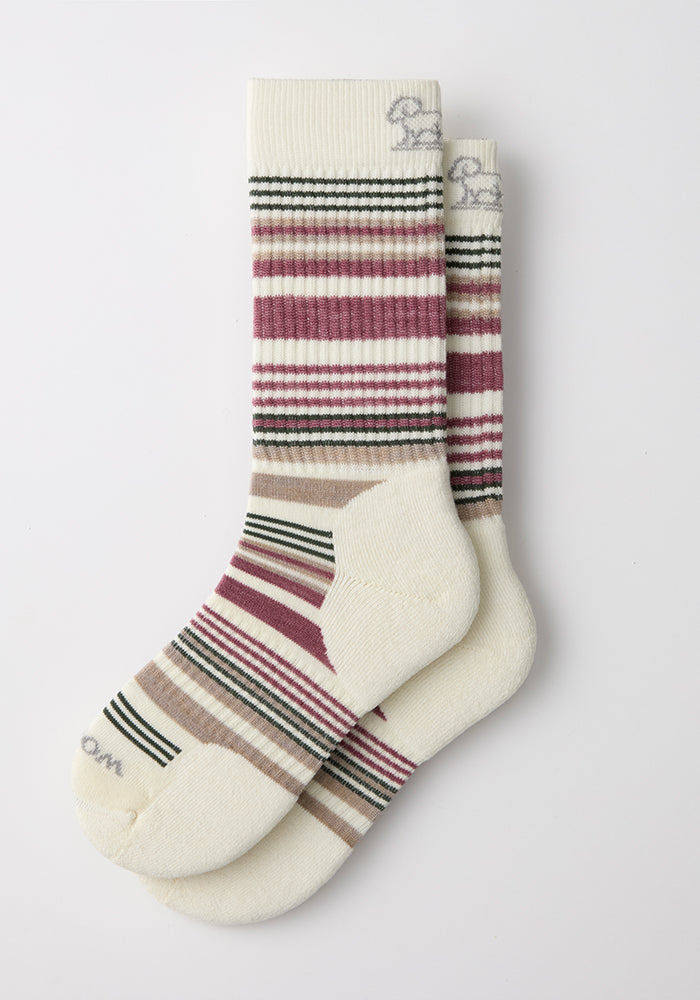 Woolx Womens Everyday Crew Socks in Buttercream Stripe, moisture-wicking Merino wool with maroon, tan, green stripes.