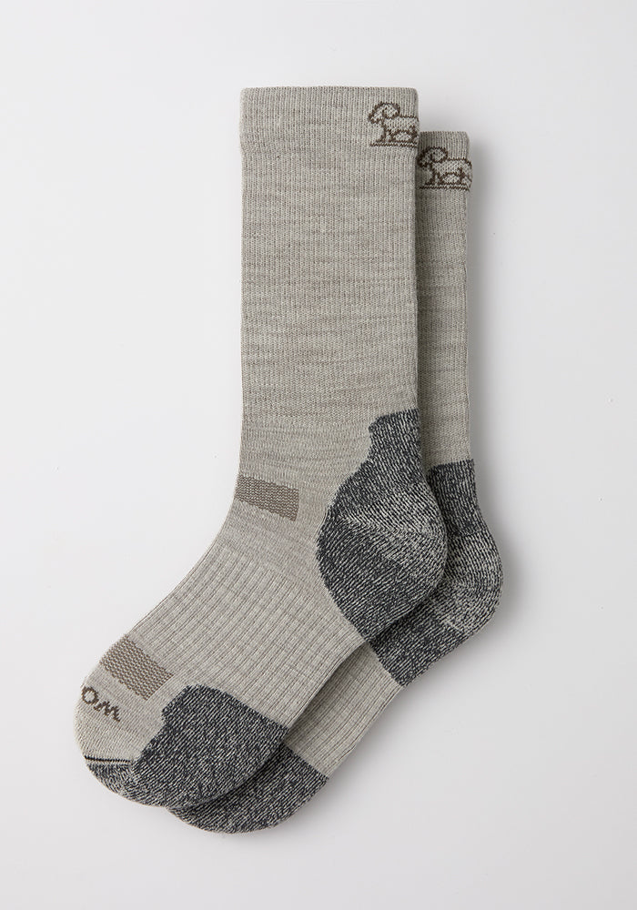 The Woolx Mens Harbor Crew Sock in Icicle, odor-resistant light gray with dark gray accents, displayed flat on white.