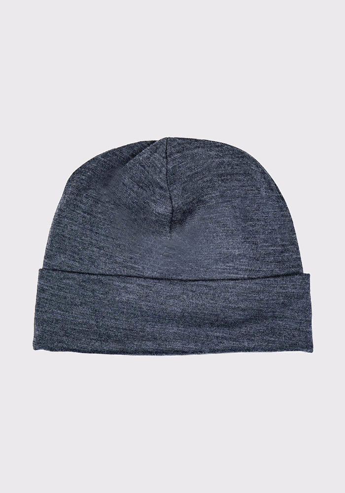 The Woolx Journey Hat - Cinder Melange is a plain dark gray Merino wool beanie with a folded brim, shown on a light gray background—a warm winter hat made from soft Australian Merino wool.