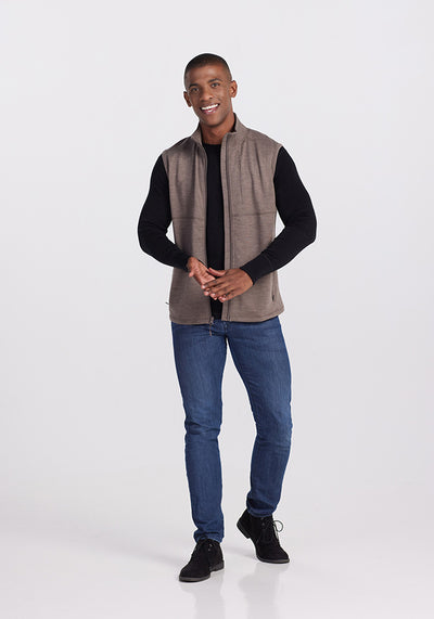 Model wearing York vest - Simply taupe