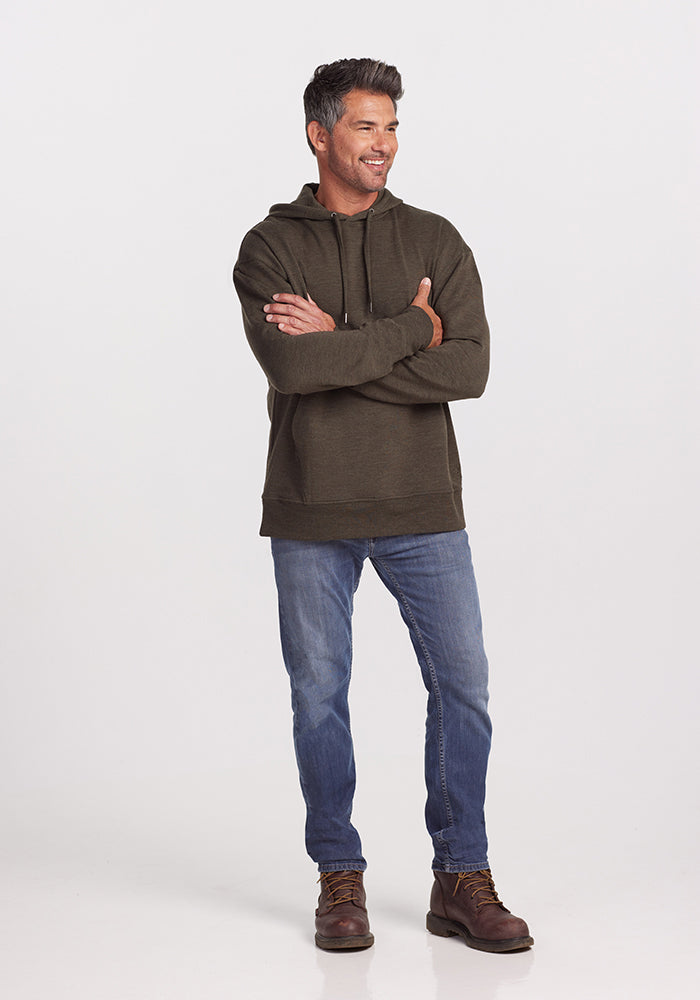 Model wearing Chase hoodie - Dark moss