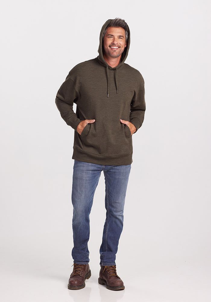 Model wearing Chase hoodie - Dark moss