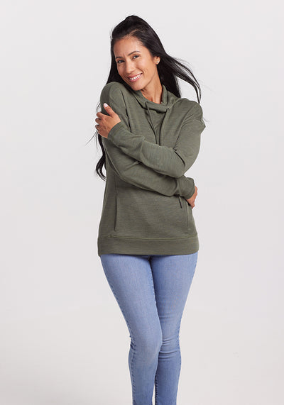 Model wearing Callie hoodie - Spruce Heather | Denia is 5’8”, wearing a size S