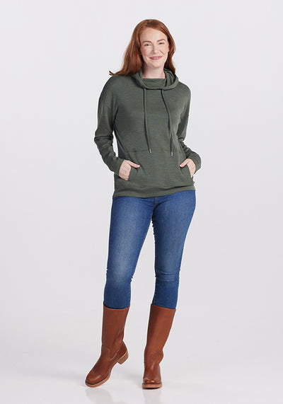 Model wearing Callie hoodie - Spruce Heather