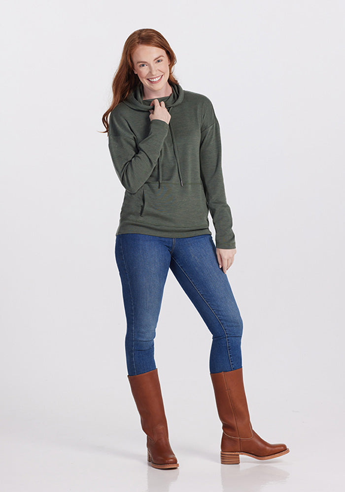 Model wearing Callie hoodie - Spruce Heather | Ericka is 5’9.5”, wearing a size M