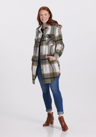 Model wearing Sutton shacket - Forest Plaid