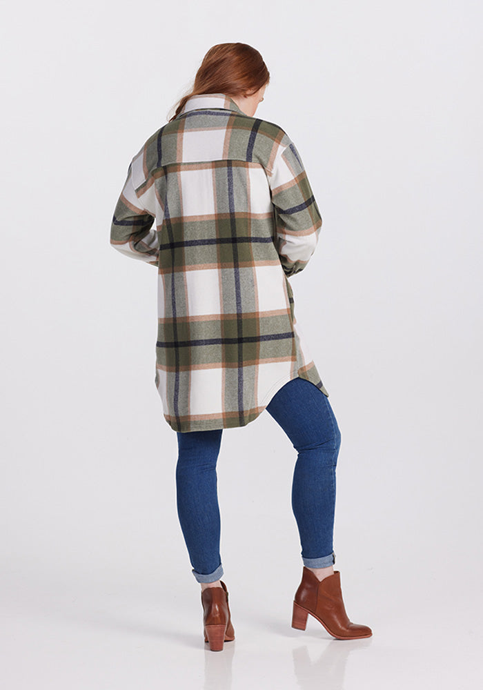 Model wearing Sutton shacket - Forest Plaid
