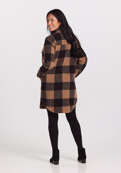 Model wearing Sutton shacket - Camel Checkered