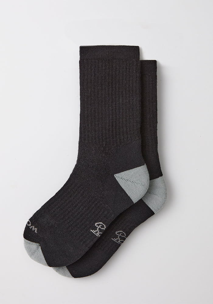 Woolx Mens Core Crew Socks in black with gray toes and heels, displayed flat on a white background.