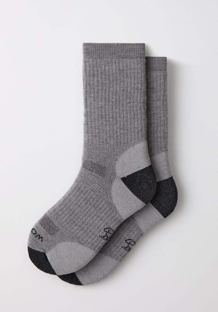 Woolx Womens Core Crew Socks - Grey: Cushioned comfort with dark gray heels/toes, perfect for any trail.