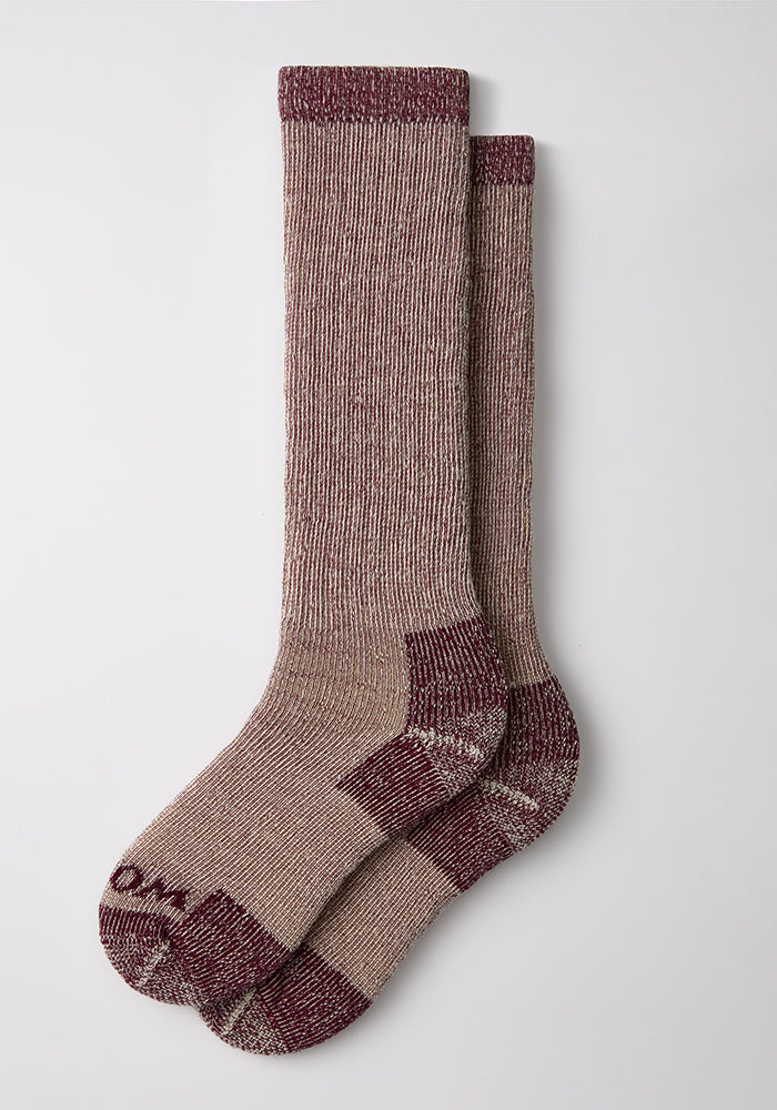 Woolx Womens Extreme Over The Calf Socks in Windsor Wine, heavyweight merino wool, shown flat on white background.