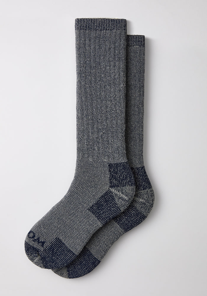 Two Woolx Mens Extreme Over The Calf Socks in Navy Carbon are laid flat, slightly overlapping, on a white background.