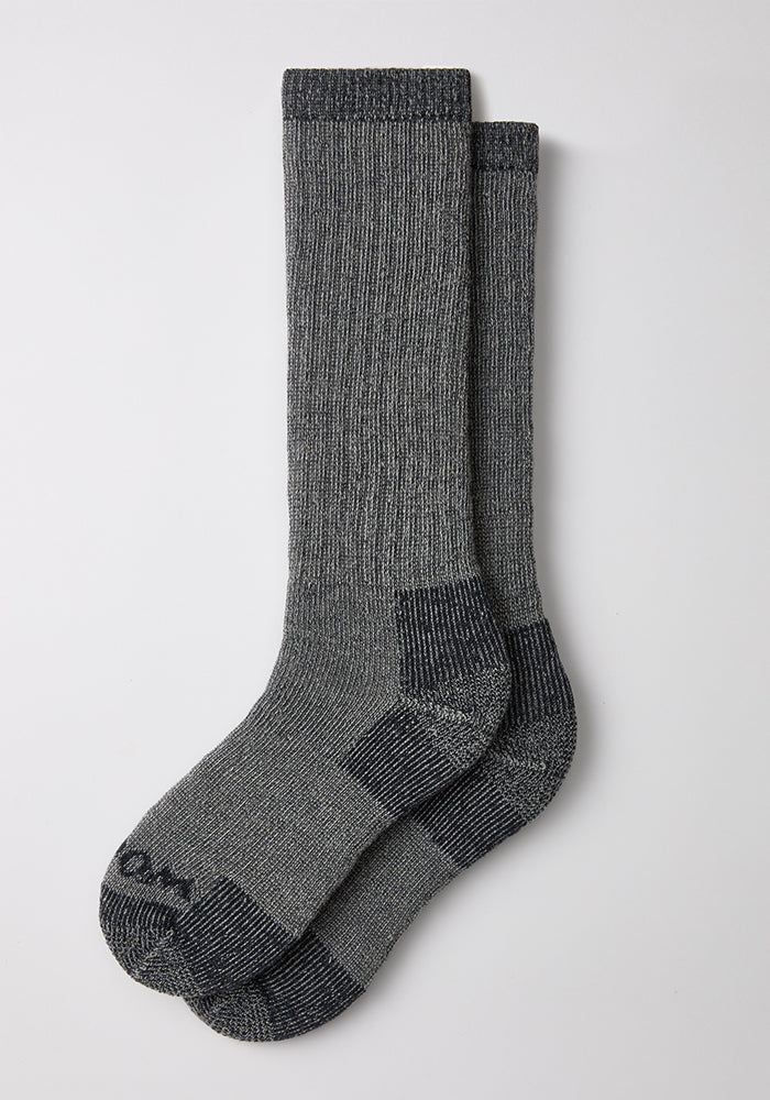 Woolx Womens Extreme Over The Calf Socks in Charcoal Heather with cushioned soles, shown flat on a white surface.