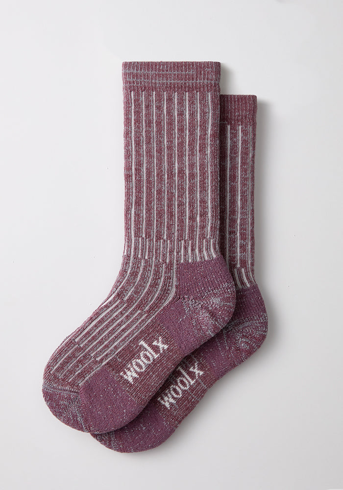 Woolx Womens Joey Mid Calf Socks - Wildflower in maroon and gray, “WOOL” on soles, shown flat on white background.
