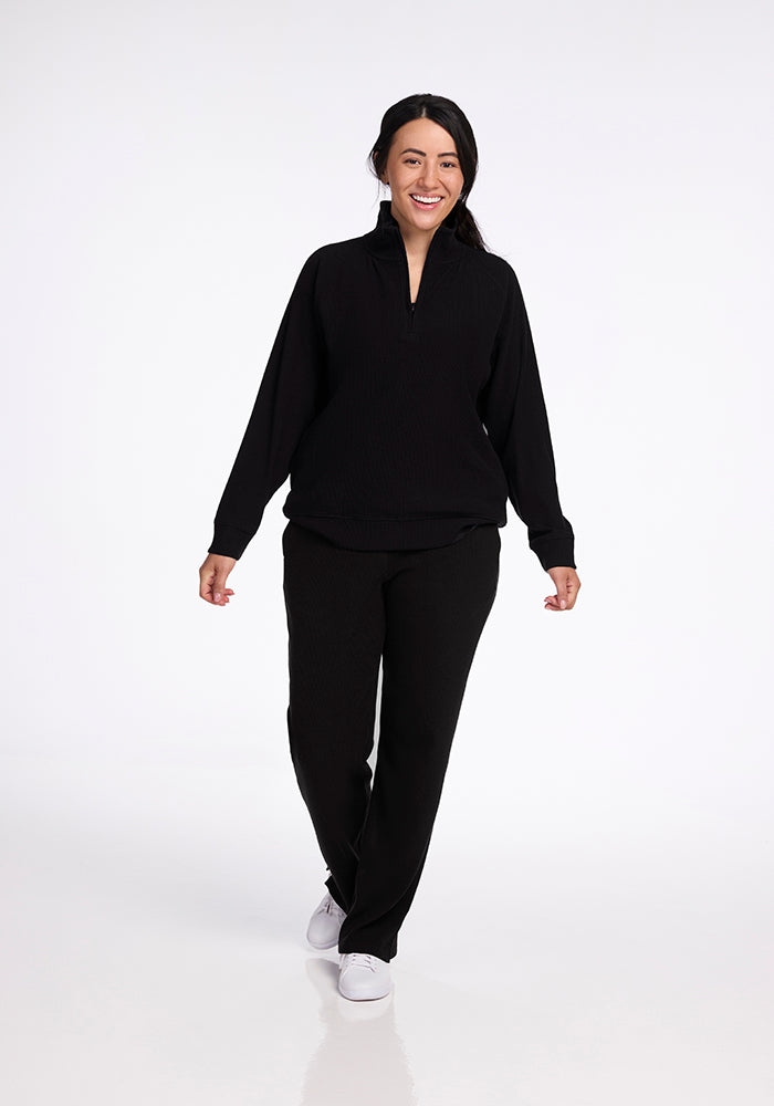 Quinn 1/4 Zip | Black Ribbed 1/4 Zip Top | Merino Wool for Comfort