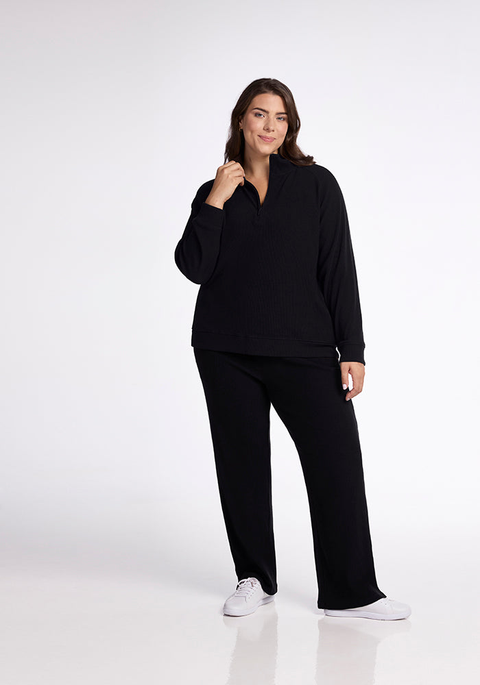 Quinn 1/4 Zip | Black Ribbed 1/4 Zip Top | Merino Wool for Comfort
