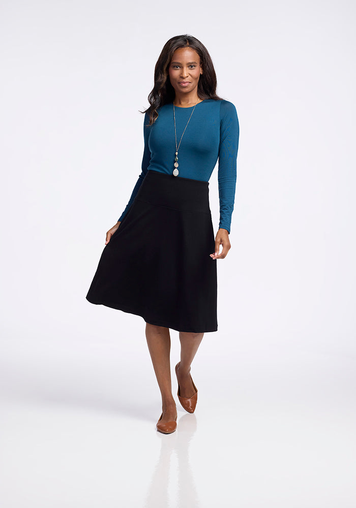 Marilyn Merino Wool Black Midi Skirt - A-Line Skirt with Pockets