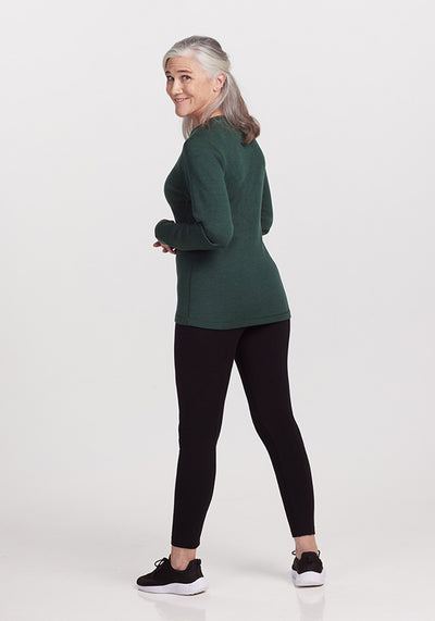 Model wearing Riley long sleeve - Forest Green Melange
