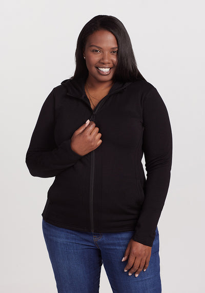 Model wearing Zoey hoodie - Black | Le'Quita is 5'11", wearing a size XL