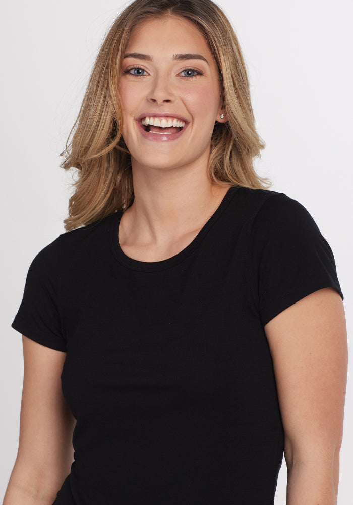 Black Short Sleeve Merino Wool Top for Women – Ultra-Soft 