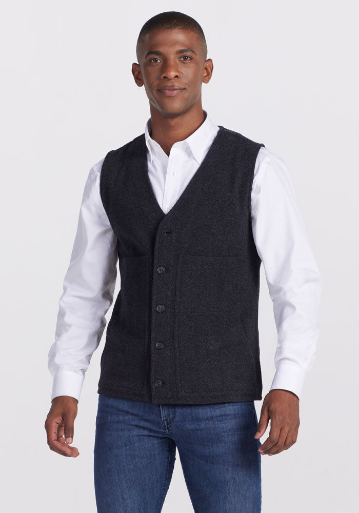 Model wearing Baker vest - Carbon Black | Trell is 6’2”, wearing a size M