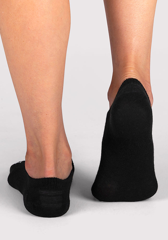 A close-up of two feet standing on a light gray surface, wearing Woolx Womens Daisy Ped Socks in black.