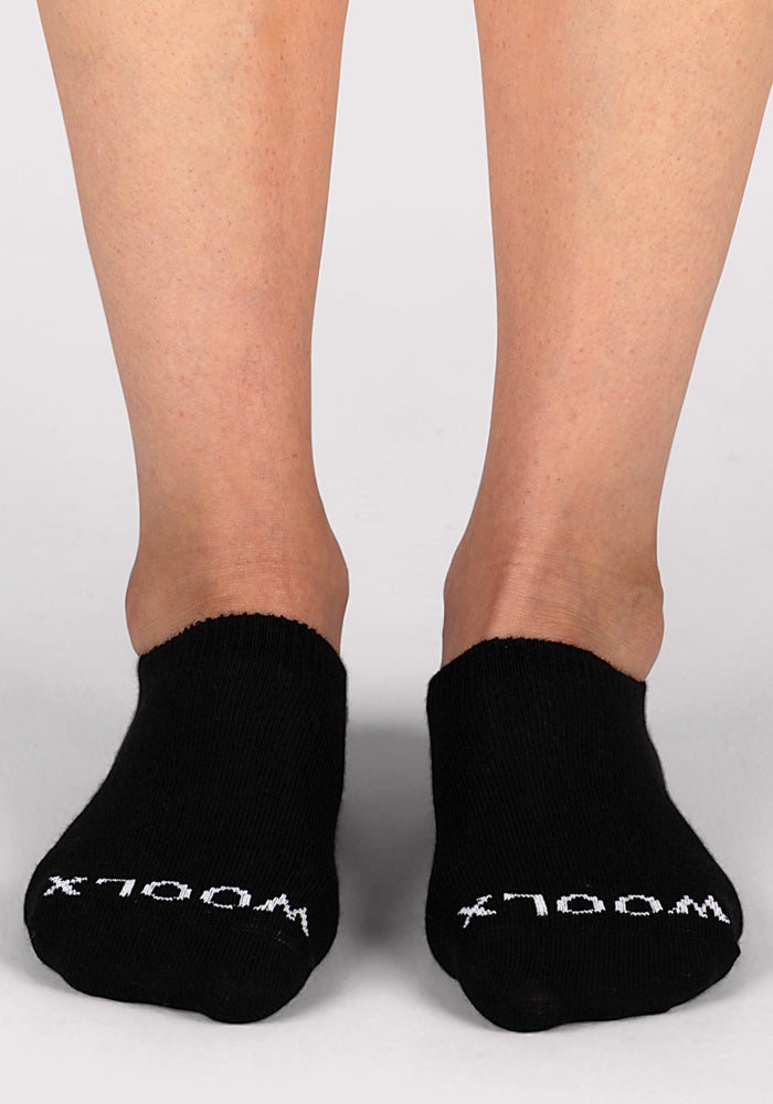 A pair of feet wear Woolx Womens Daisy Ped Socks in black, featuring "WOOLX" in white mirrored text on top. The background is light gray.