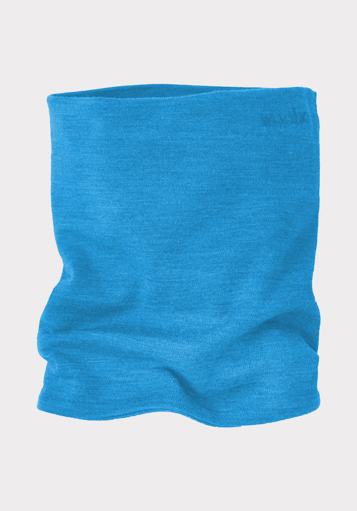 Woolx Neck Gaiter - Blue Razz made of soft Merino wool, shown on a light gray background.