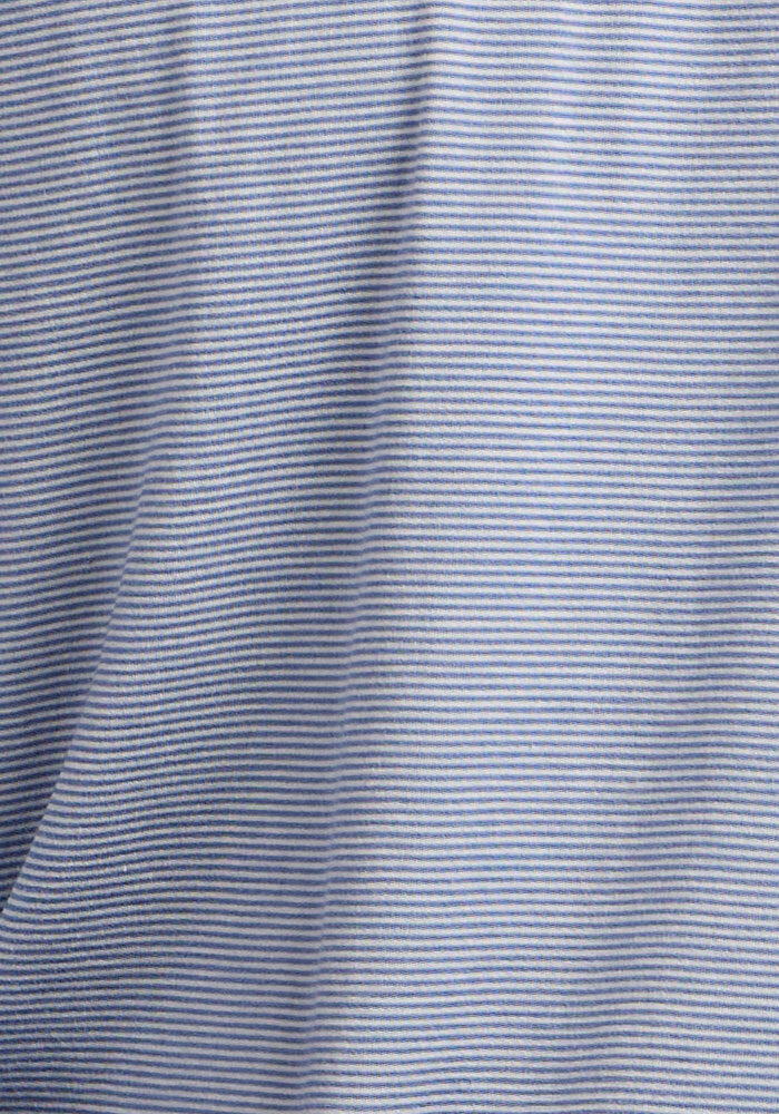 Close-up of Woolx Reaction Boxer Briefs in Blue Sand Mini Stripe, showing light gray fabric with fine horizontal white stripes and soft folds that highlight the smooth, moisture-wicking texture ideal for performance underwear.