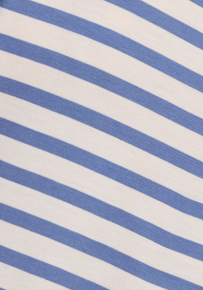 Close-up of the Jenny 3/4 Sleeve Crew Neck by Woolx, featuring soft, stretchy Merino wool fabric with diagonal blue and white stripes—a lightweight option ideal for comfortable wear.