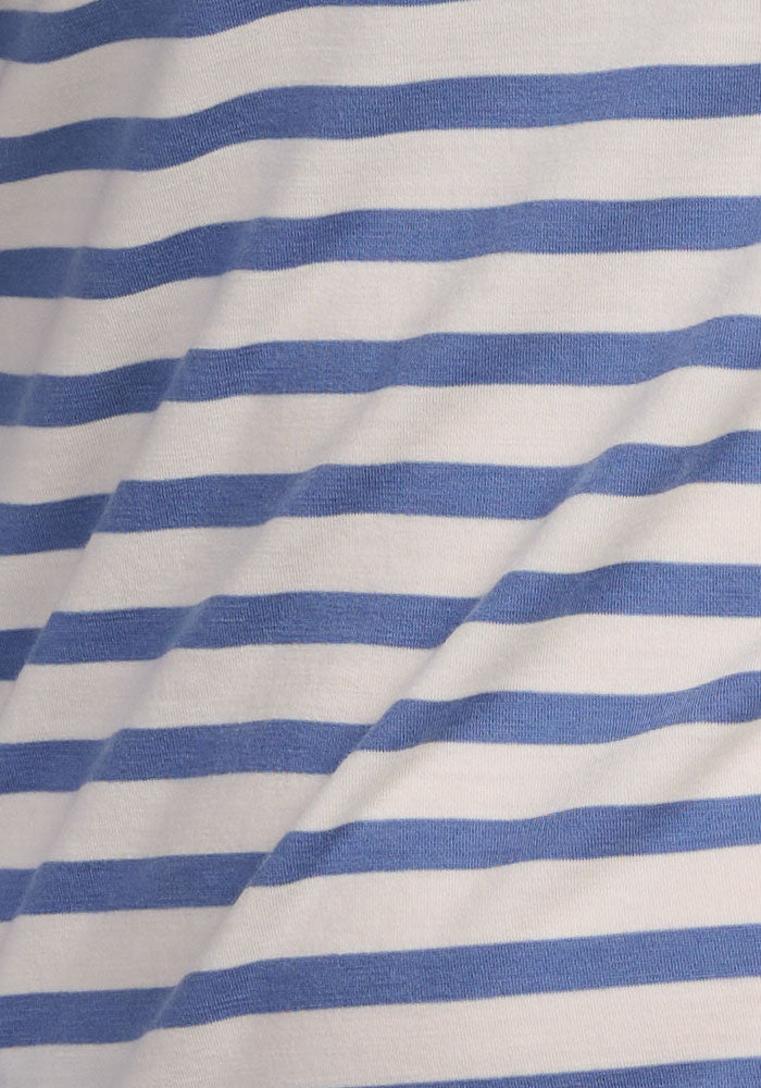 Woolx Junie V Neck in Blue Sand Stripe features moisture-wicking fabric with blue and white horizontal stripes.