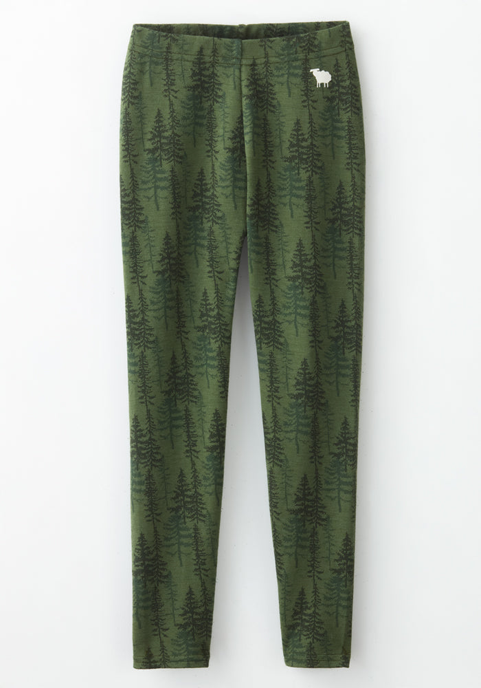 Woolx Kids Explorer Base Layer Bottoms - Forest Friends feature dark green forest tree patterns and a small white moose silhouette on the upper left. Shown flat against a white background, they're perfect for kids as ski baselayer bottoms.
