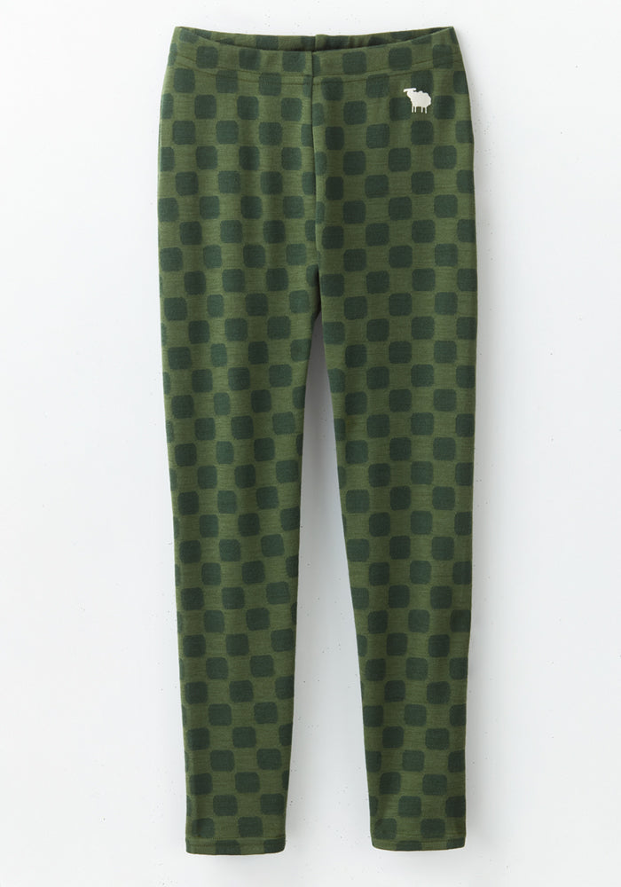 The Woolx Kids Explorer Base Layer Bottoms - Frog Hop feature dark green checkered merino wool, a small white sheep logo by the left waistband, and are shown flat on a white background.
