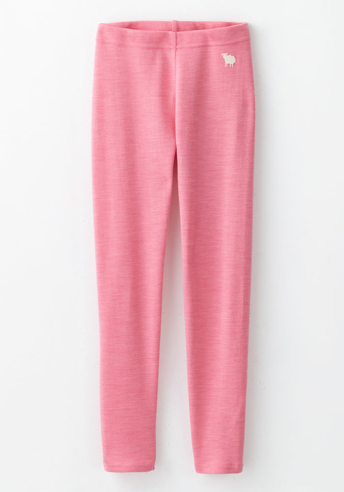 Woolx Kids Explorer Base Layer Bottoms - Pinky Promise are pink merino wool leggings with a simple design and a small white sheep logo on the upper left thigh, shown flat against a white background.