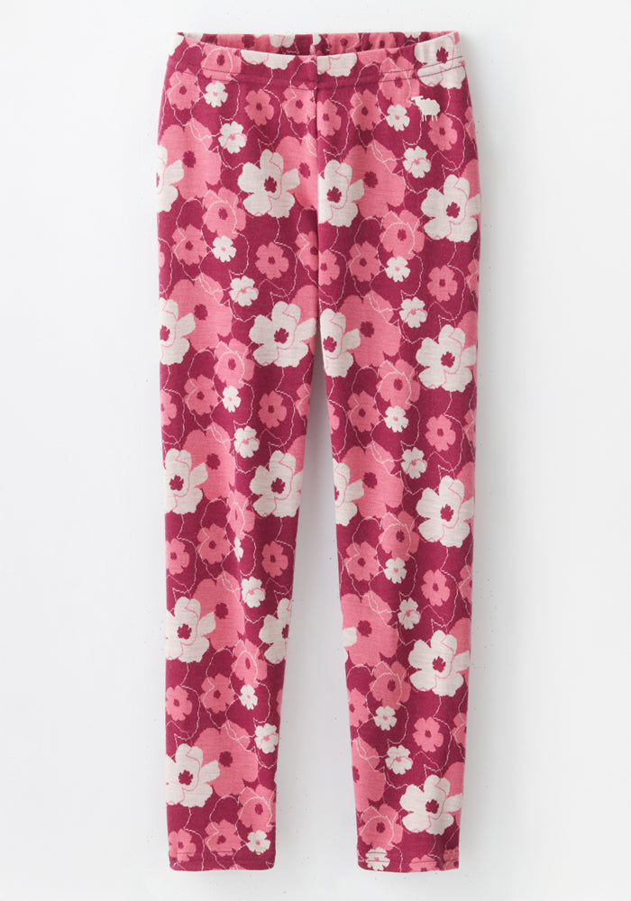 The Woolx Kids Explorer Base Layer Bottoms - Rosie Posie feature a pink and white floral pattern, made from cozy wool with an elastic waistband, shown flat on a white background.