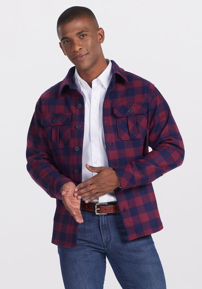 Model wearing Burlington Jacket - Cranberry Navy Checkered | Trell is 6’2”, wearing a size M