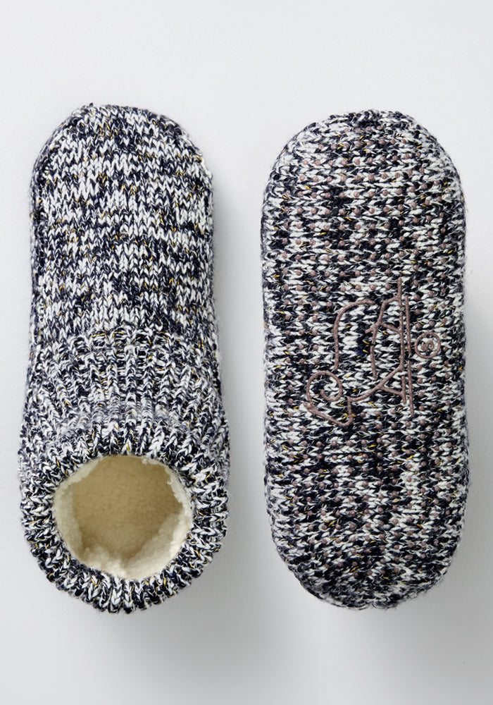 Two Woolx Women’s Gripper Slipper Booties - Speckled Stone: one shows sherpa lining, the other a textured stitched sole.
