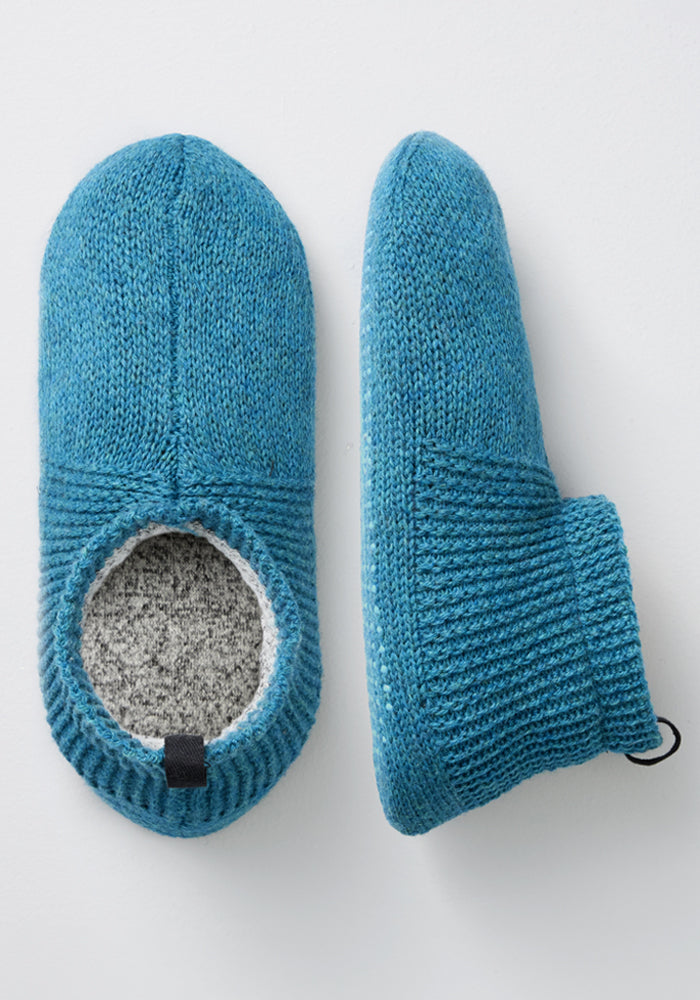 Woolx Womens Gripper Slippers - Blue Pine shown overhead and side, both with grey lining for ultimate comfort.