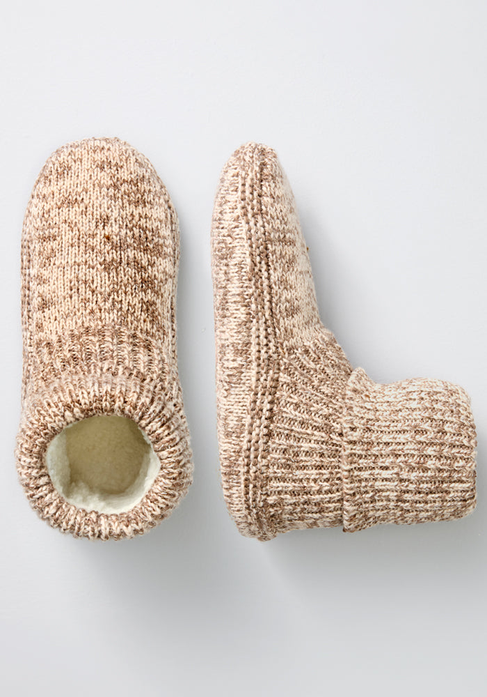 Two Women’s Gripper Slipper Booties - Speckled Latte by Woolx, upright and side view, on a white background.