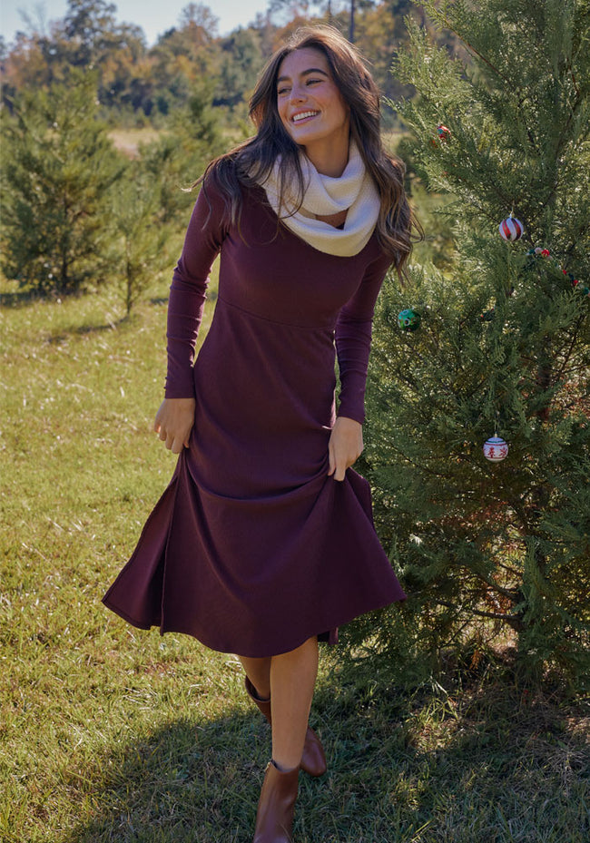 Caroline Ribbed Twirl Dress - Toasted Garnet