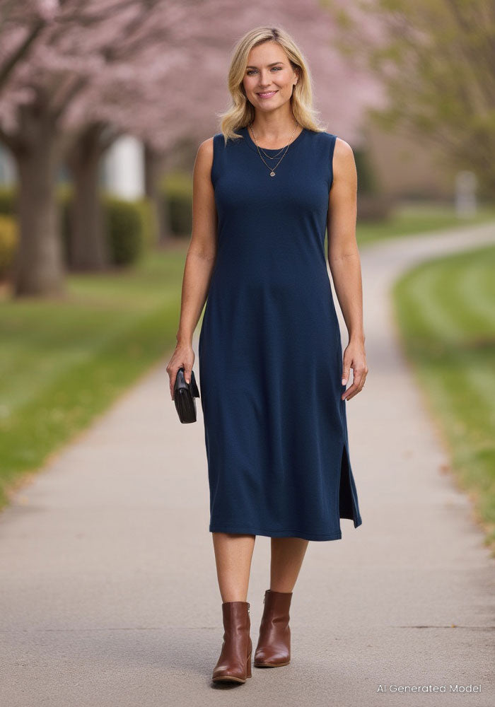 A woman in the Woolx Cassie Dress - Deep Navy and brown ankle boots walks on a tree-lined path, carrying a small black clutch, with pink blossoms and greenery in the background.