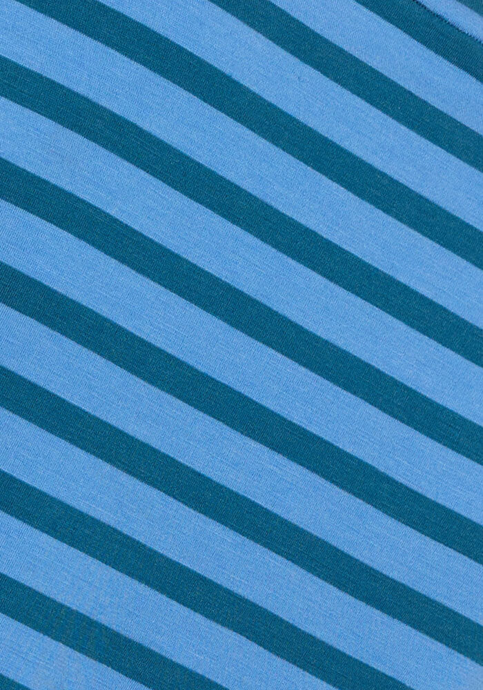 Close-up of the Woolx Jenny 3/4 Sleeve Crew Neck in Coastal Stripe shows diagonal blue and teal stripes, ideal for a lightweight Merino top. The pattern runs from bottom left to top right.