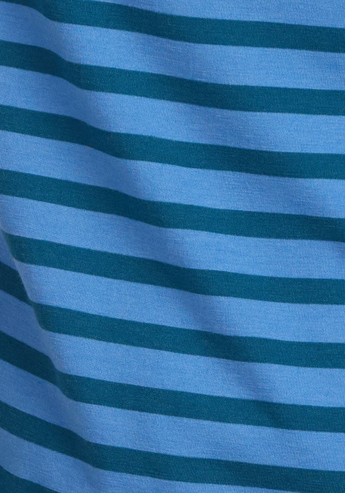 Woolx Liza Crew Neck Tee in Coastal Stripe: lightweight Australian Merino Wool with blue horizontal stripes.