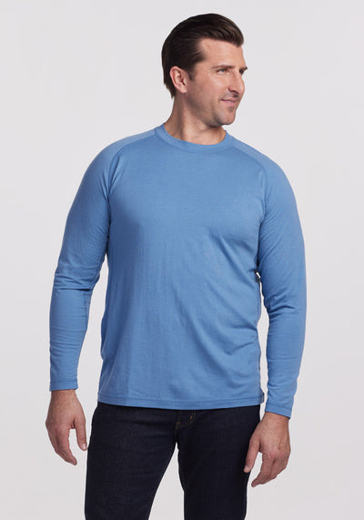 Model wearing Essential tee - Coronet Blue | Brandon is 6’3.5”, wearing a size XL