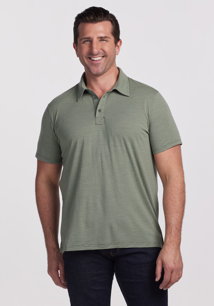 Model wearing Preston polo - Fern Stripe | Brandon is 6’3.5”, wearing a size XL