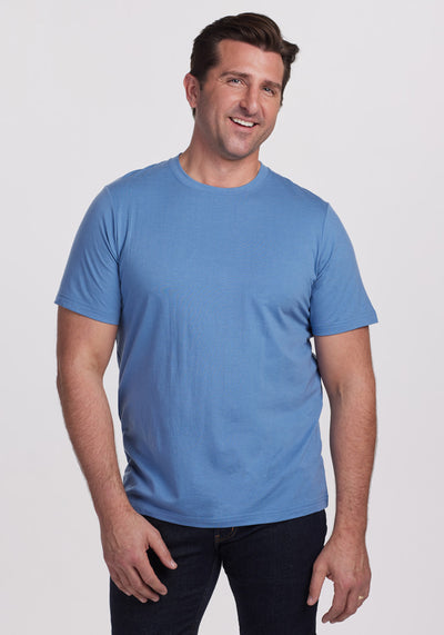 Model wearing Endurance tee - Coronet Blue | Brandon is 6’3.5”, wearing a size XL